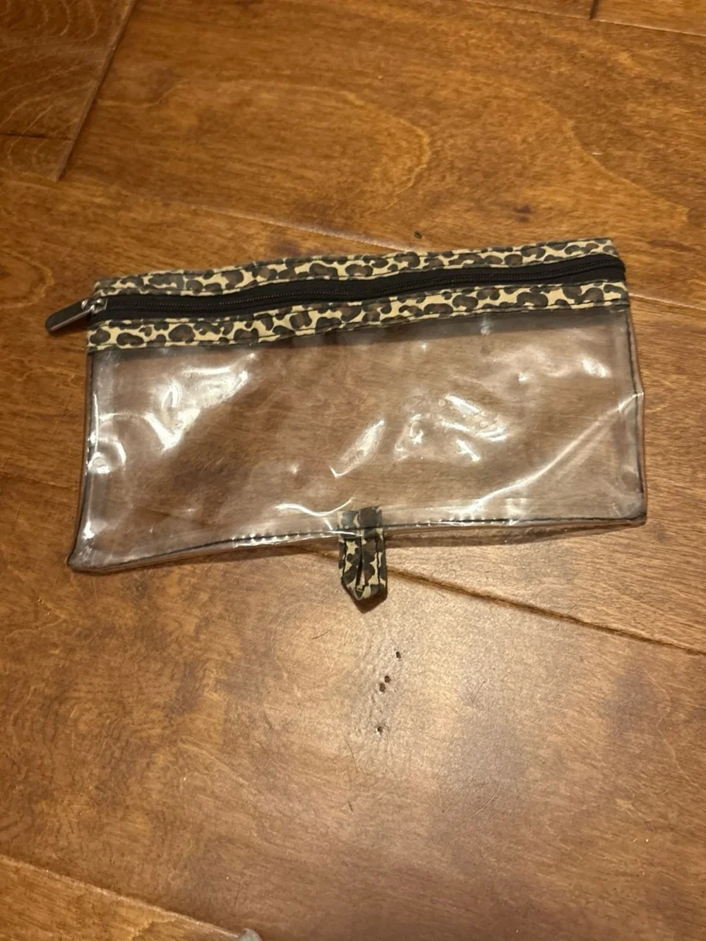 Clear Cosmetic Pouch with Leopard Trim - Clear/Brown